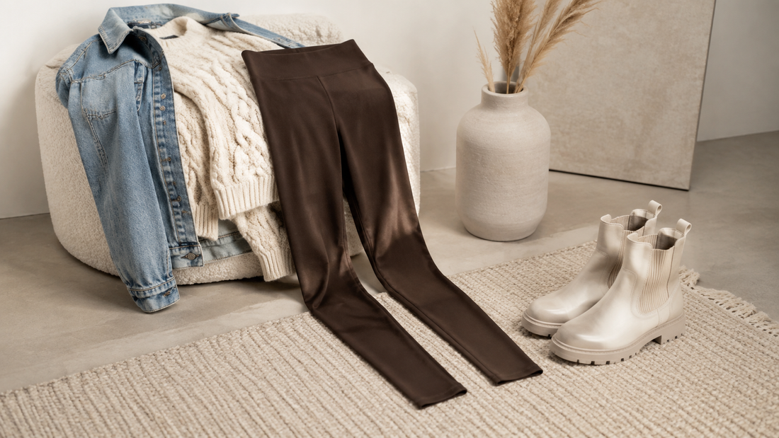Brown leggings styled with cream knitwear boots and denim
