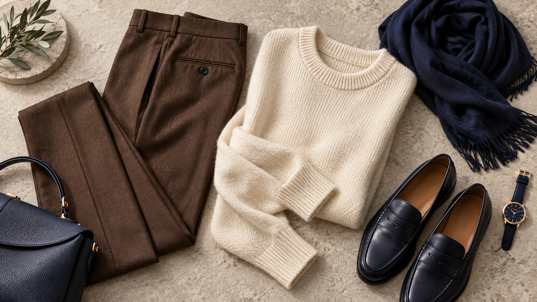 Editorial flat lay of brown pants with coordinated neutral clothing and no text or branding