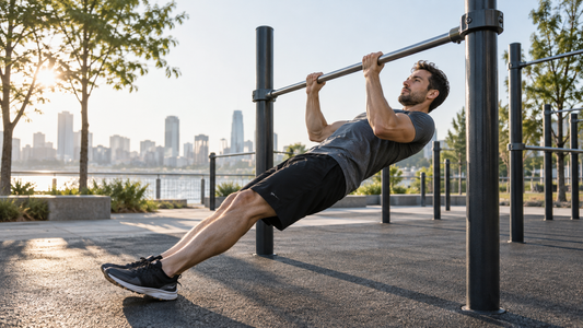 Adult man performing a controlled bodyweight row on an outdoor exercise bar