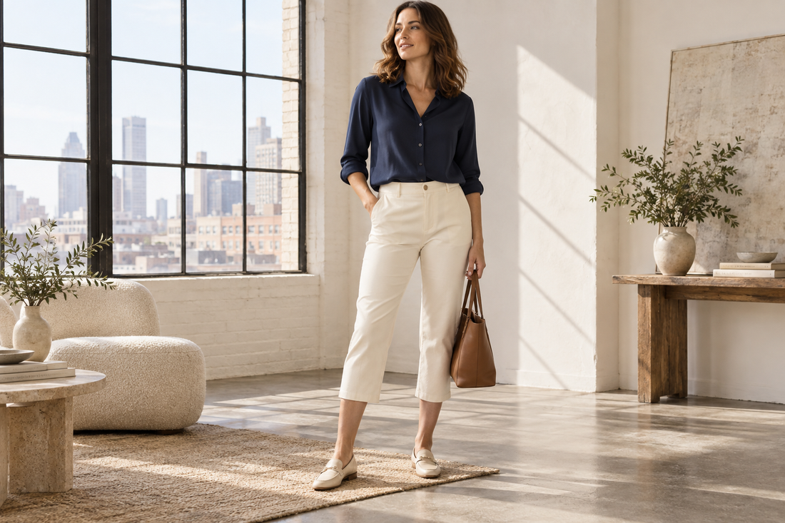 Adult woman wearing cream capri pants with a navy blouse in a sunlit studio
