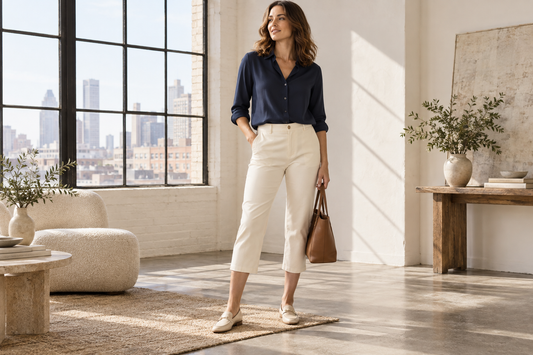Adult woman wearing cream capri pants with a navy blouse in a sunlit studio