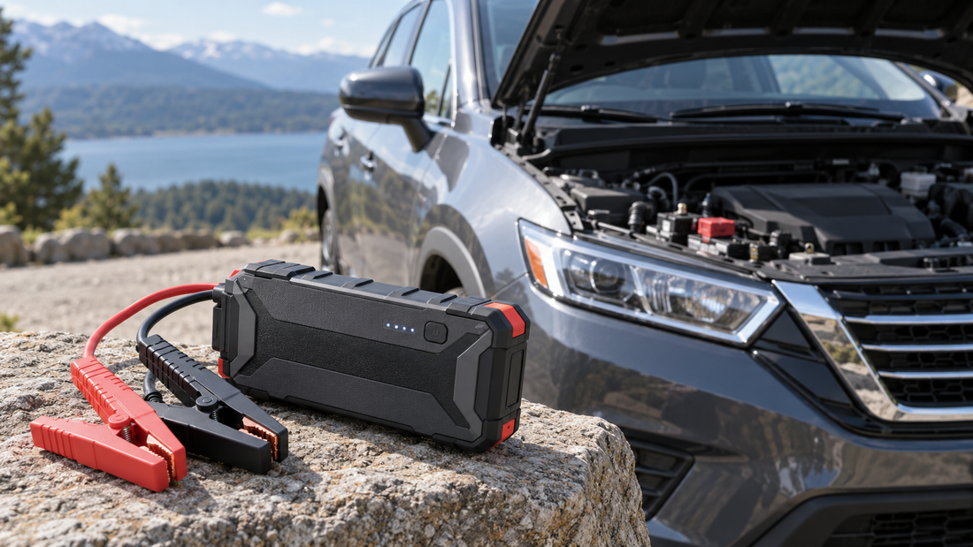 Portable car jump starter and insulated clamps beside an open car hood