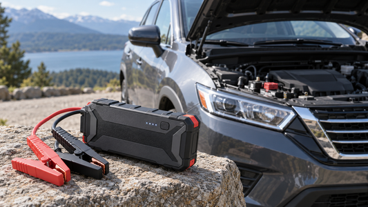 Portable car jump starter and insulated clamps beside an open car hood
