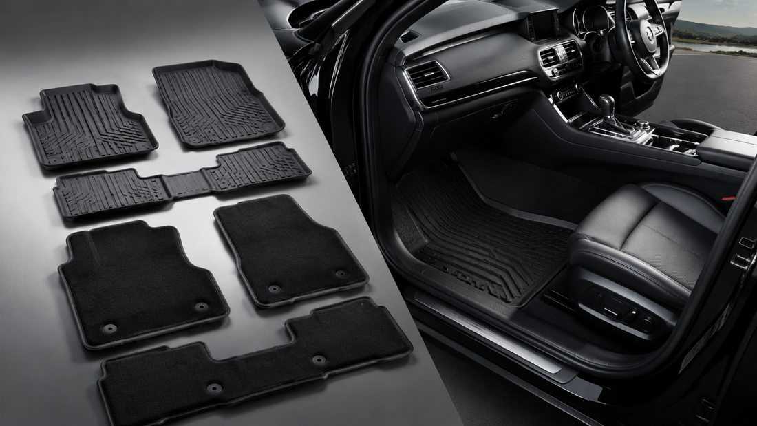 Rubber and carpet car mats beside a modern car interior