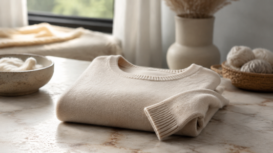 Women's cashmere sweater in a serene knitwear studio
