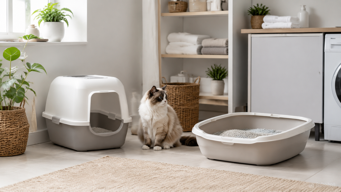 Modern cat litter boxes in a clean pet-friendly room