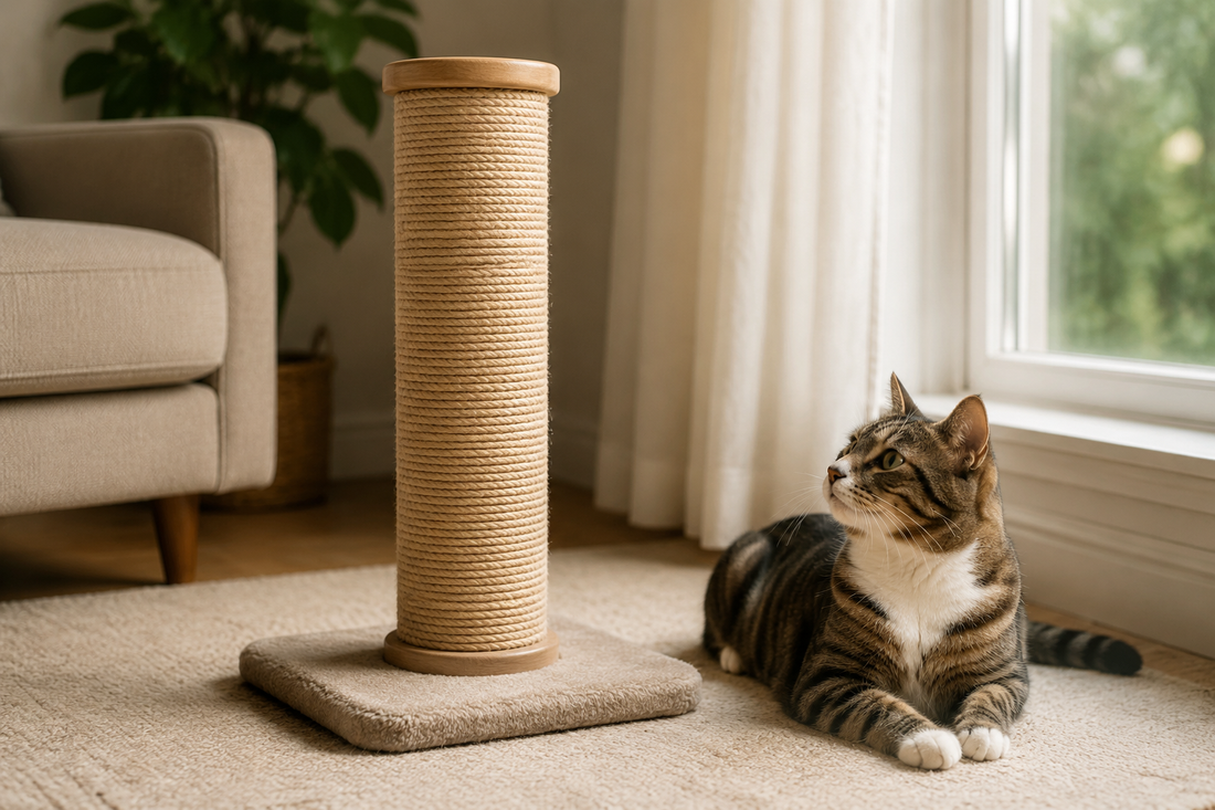 Cat beside a sturdy natural sisal scratching post