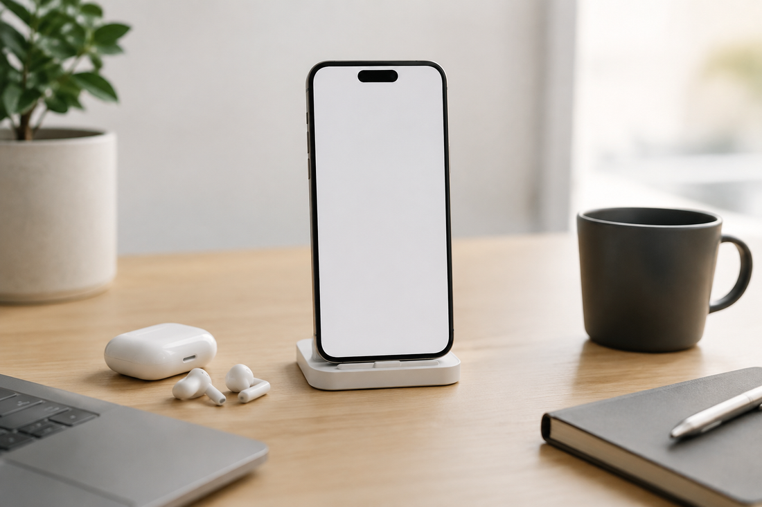 Modern unbranded smartphone with clean accessories and blank screen