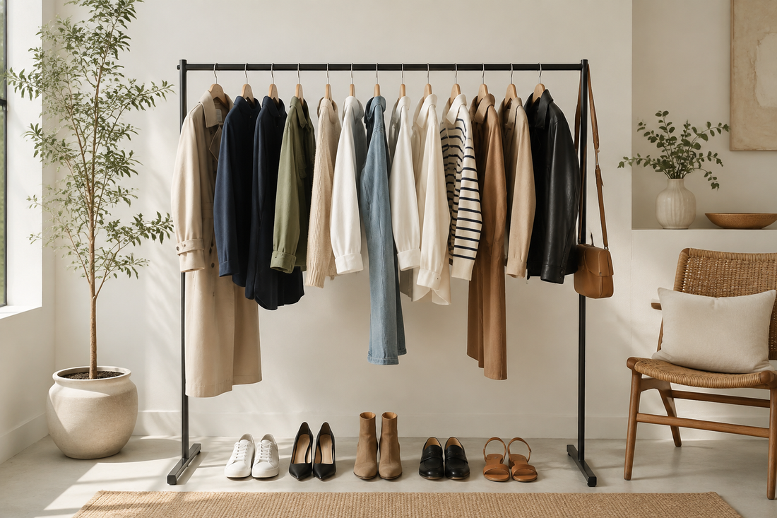 Affordable capsule wardrobe on a modern clothing rack