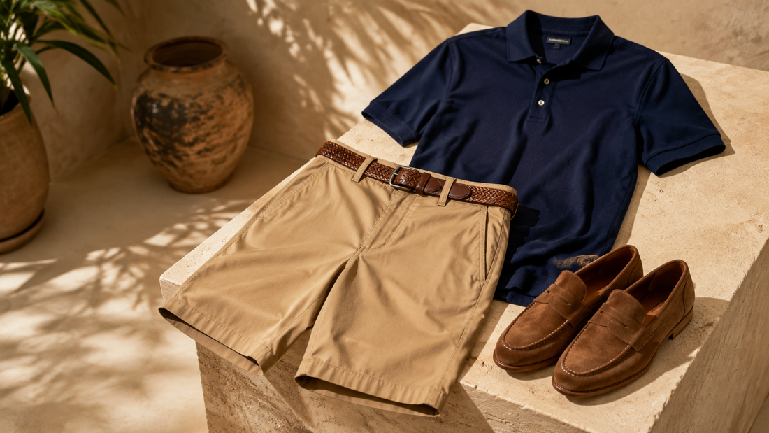 Chino shorts styled with a polo shirt loafers and woven belt