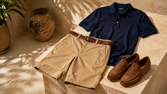 Chino shorts styled with a polo shirt loafers and woven belt