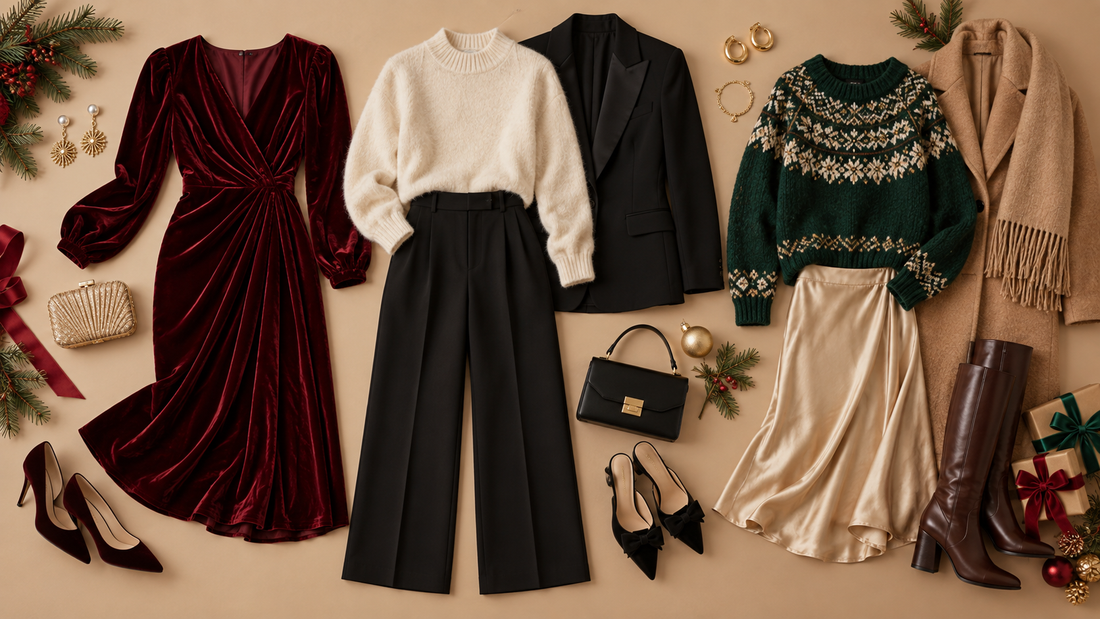 Editorial flat lay of coordinated Christmas outfits with no text or branding