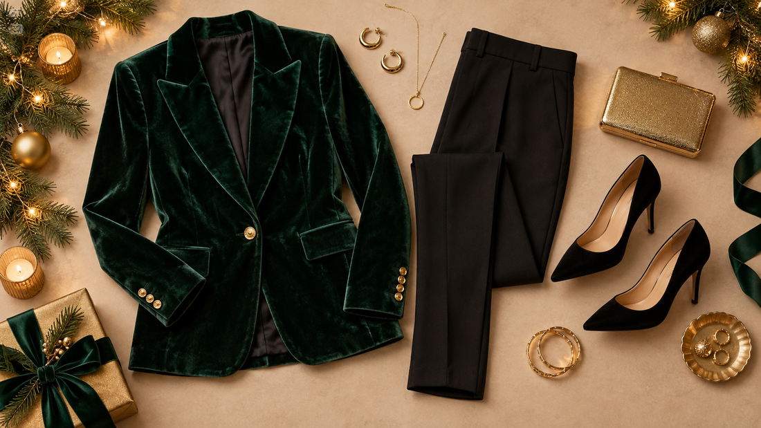 Editorial flat lay of a festive Christmas party outfit with no text or branding