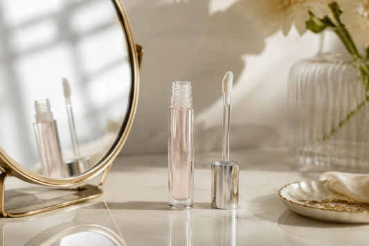 Unbranded hydrating lip gloss and applicator on a vanity