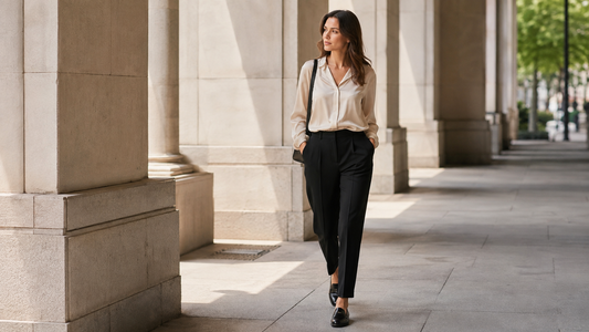 Woman wearing refined black tailored trousers with a silk blouse and loafers