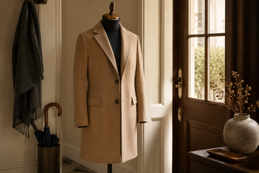 Classic tailored coat displayed in a refined entryway