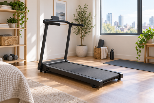 Compact treadmill open in a bright uncluttered apartment workout area