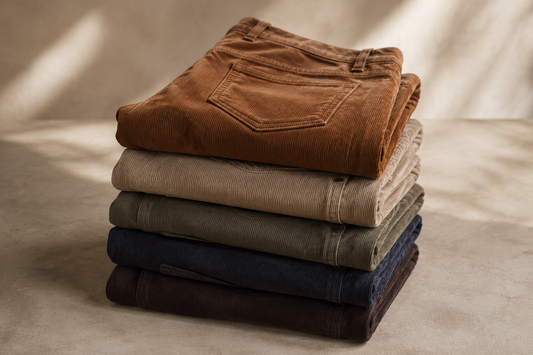 Corduroy pants in earthy colors showing ribbed texture