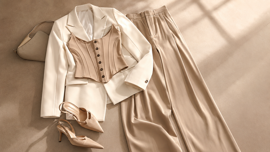 Corset-inspired top styled with tailored blazer and elegant accessories
