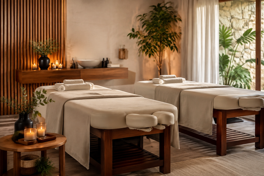 Serene couples massage room with two prepared treatment tables
