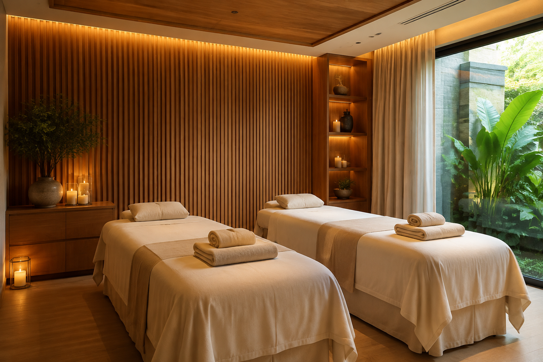 Serene couples massage room with two treatment tables