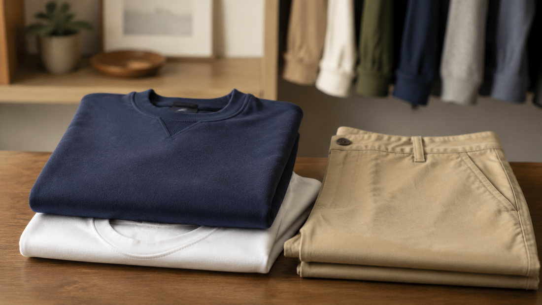 Classic crewneck sweatshirt arranged in an everyday wardrobe studio