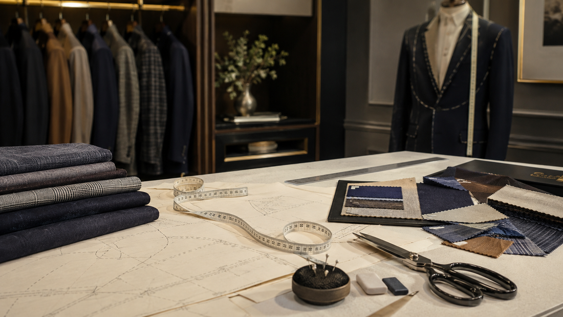 Custom clothing atelier with tailored garments fabric swatches and measuring tools