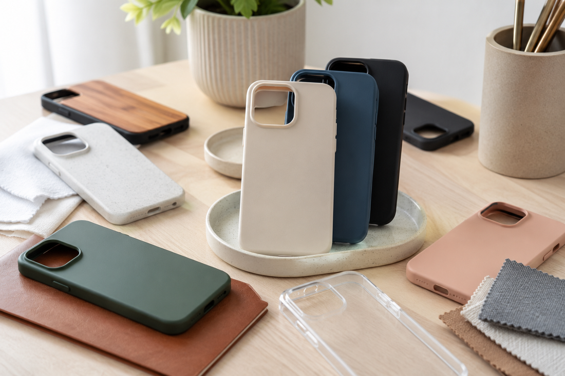 Assortment of blank customizable phone cases in several materials