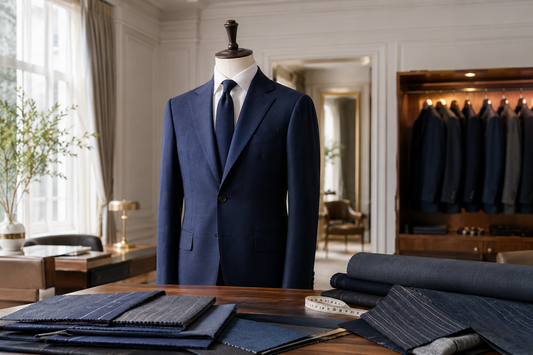 Custom suit displayed in a refined tailoring atelier