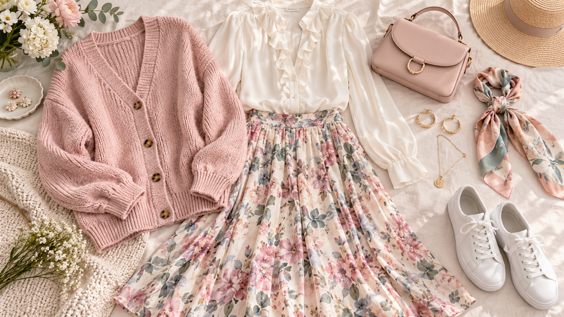 Editorial flat lay of cute clothes in a coordinated palette with no text or branding