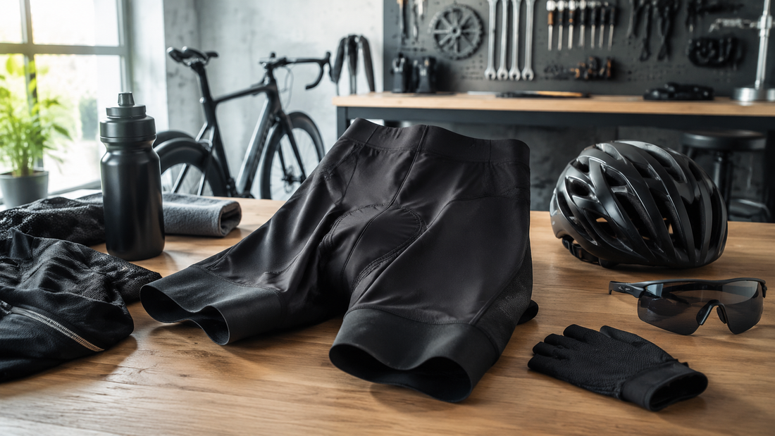 Cycling shorts and riding accessories arranged in a modern workshop