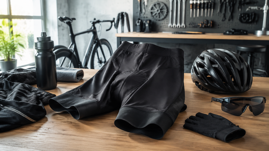 Cycling shorts and riding accessories arranged in a modern workshop