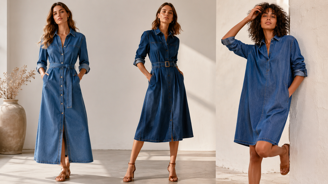 Denim dresses in shirt, belted and relaxed silhouettes