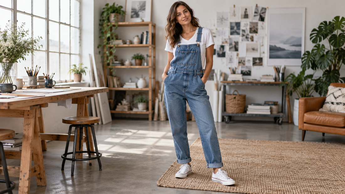 Editorial view of denim overalls in a bright creative studio with no text or branding
