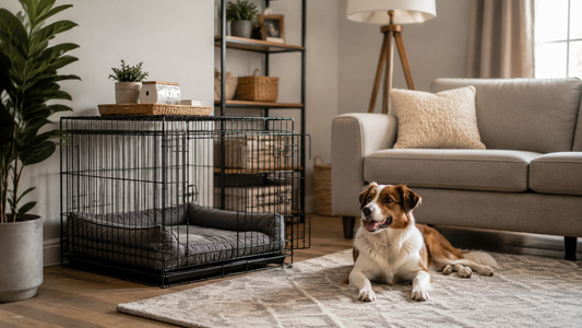 Comfortable dog crate integrated into a modern living room