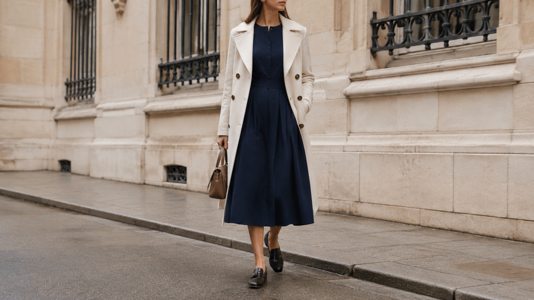 Woman wearing a navy midi dress with a tailored cream coat on a Parisian-style street
