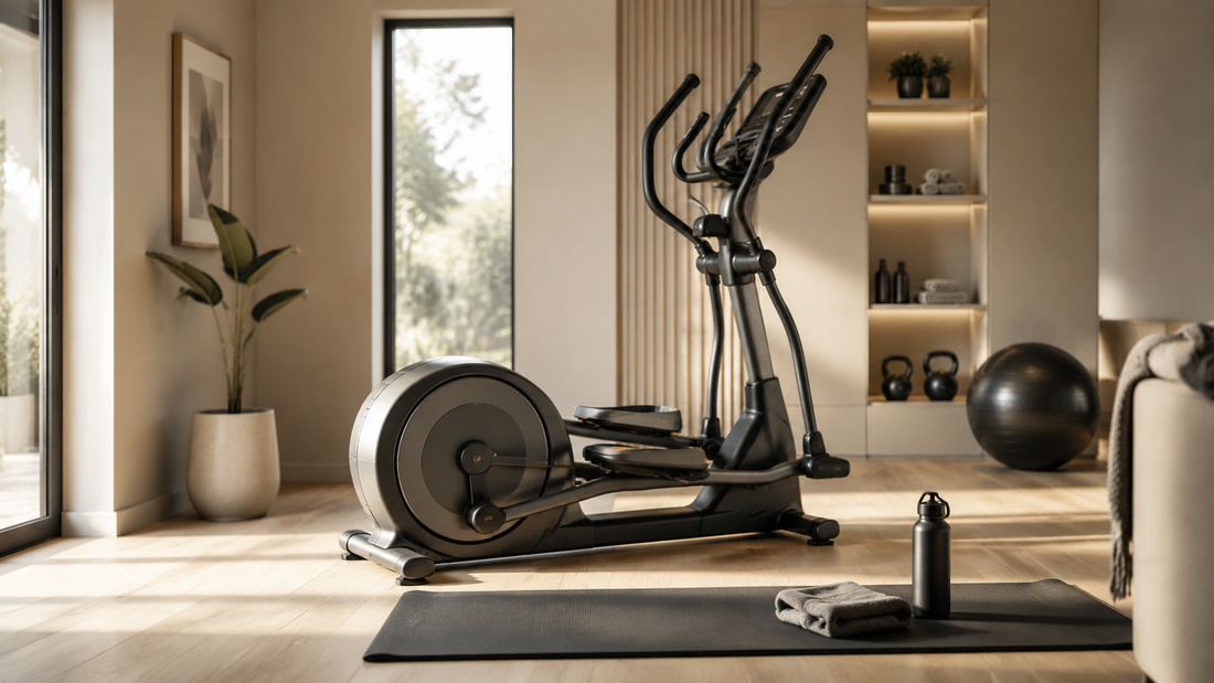 Modern elliptical trainer in a compact home gym