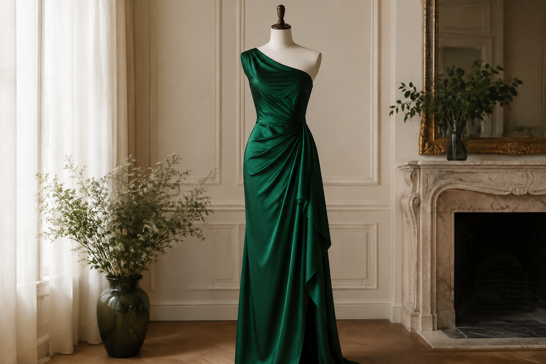 Emerald green occasion dress with elegant drape