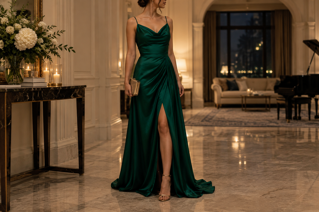 Adult woman wearing a deep emerald evening dress in an elegant interior