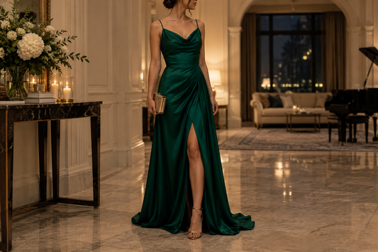 Adult woman wearing a deep emerald evening dress in an elegant interior