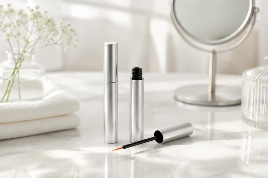 Unbranded eyelash serum tubes with clean applicator brushes