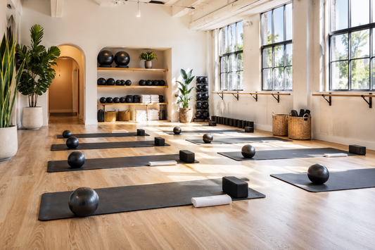 Bright boutique fitness studio prepared for a group class