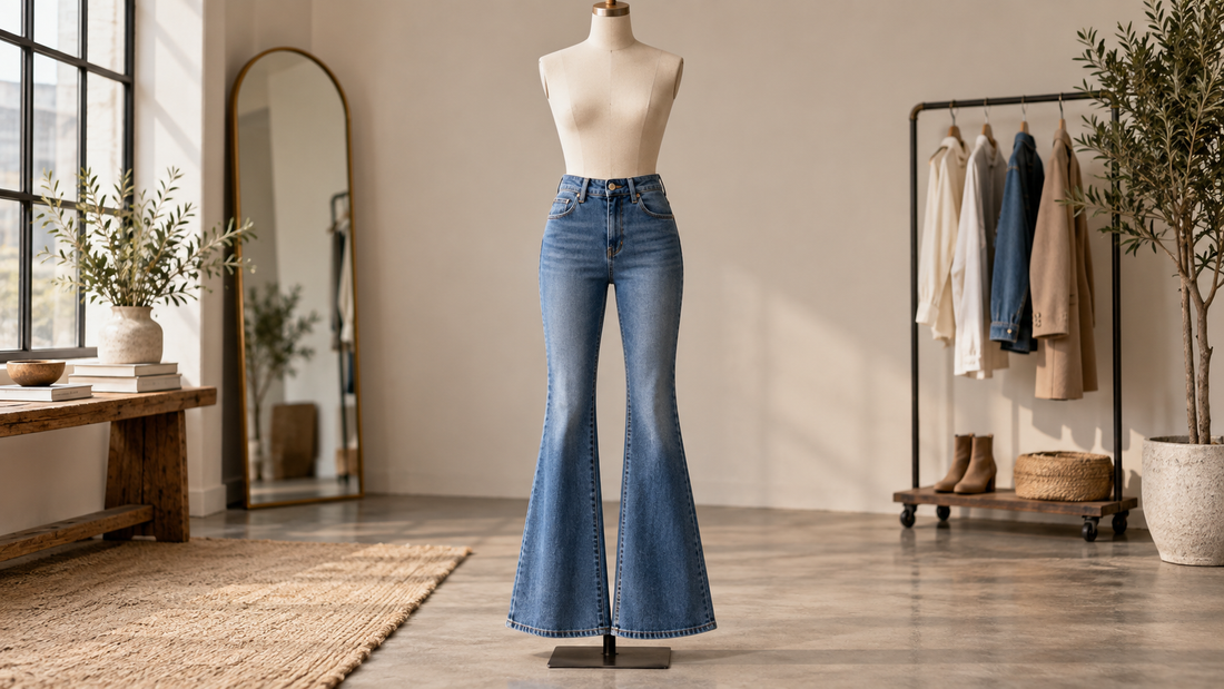 Editorial view of women's flare jeans showing rise and denim proportion