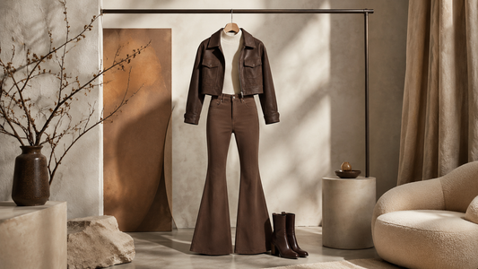 Flare pants styled with a fitted top cropped jacket and boots