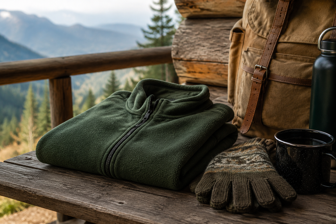Forest green fleece jacket with cold-weather hiking accessories