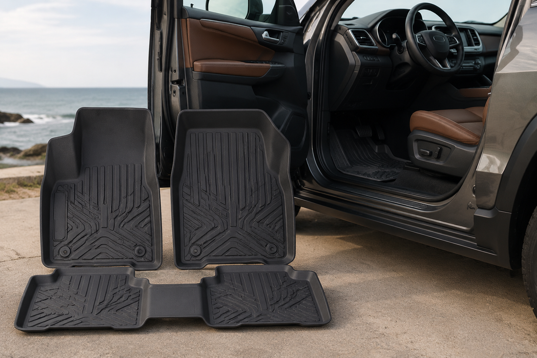 All-weather floor mats beside a modern car interior
