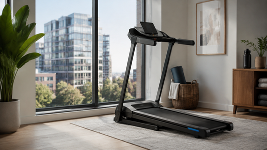 Compact foldable treadmill in a bright apartment workout space