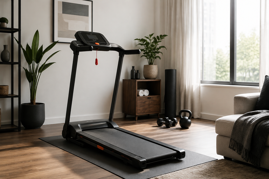 Compact foldable treadmill in a modern apartment home gym