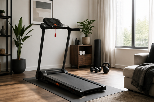 Compact foldable treadmill in a modern apartment home gym