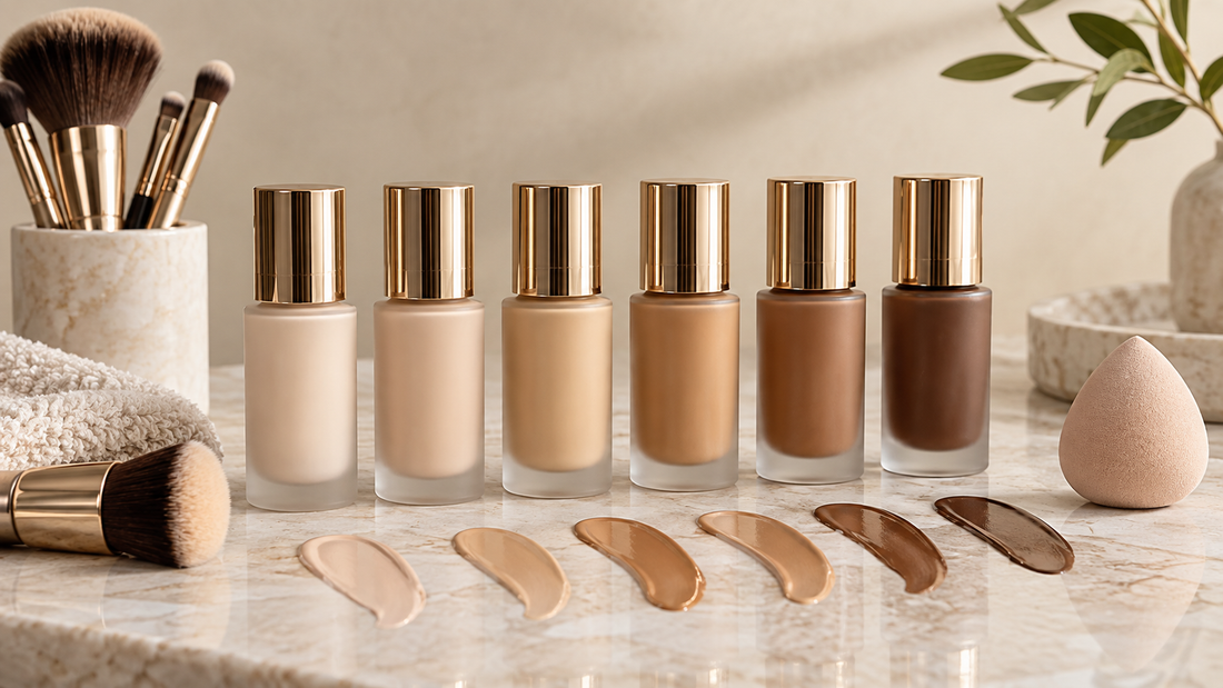 Editorial view of foundation makeup in an inclusive range of shades
